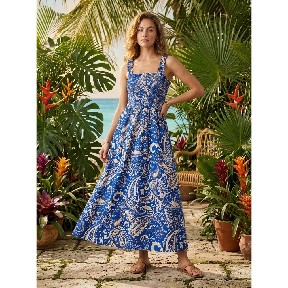 Zara Maxi Dress Women Blue Paisley Cotton Smocked Sleeveless Ruffle Strap Size L